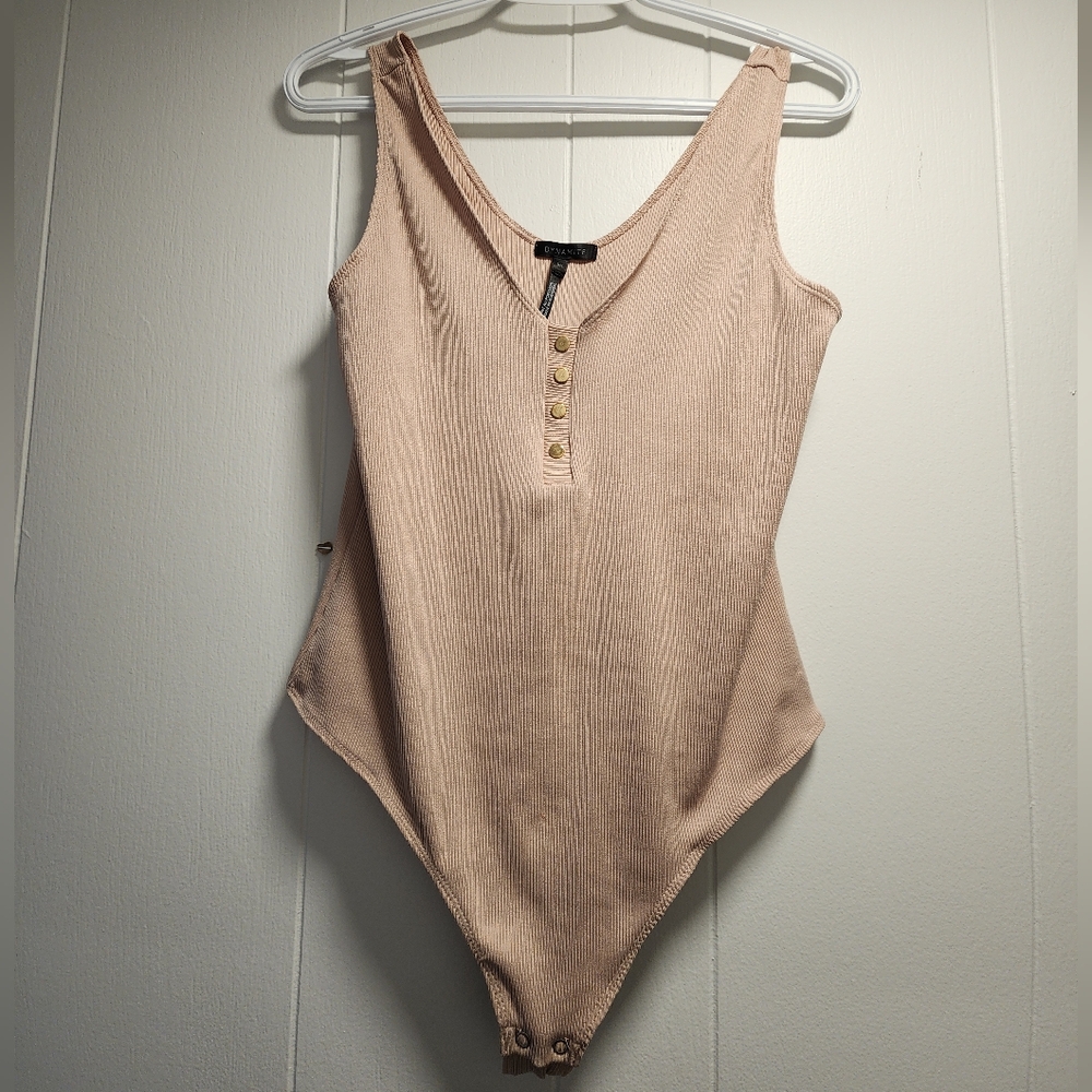 Dynamite Taupe Ribbed Bodysuit with Button Accent